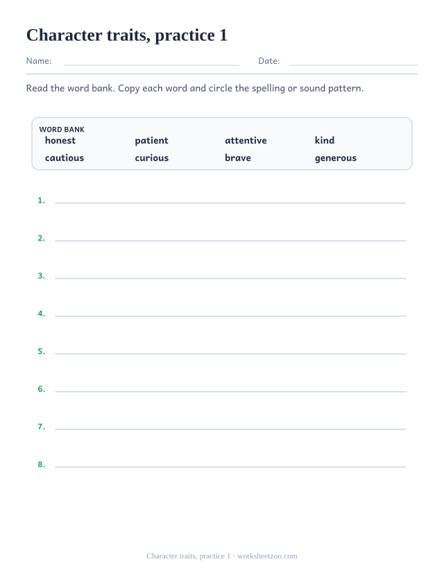 Vocabulary Worksheets page for Character traits, practice 1
