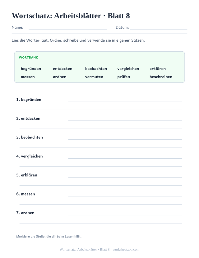 Vorschau: Wortschatz: Arbeitsblätter, druckbares Arbeitsblatt 8