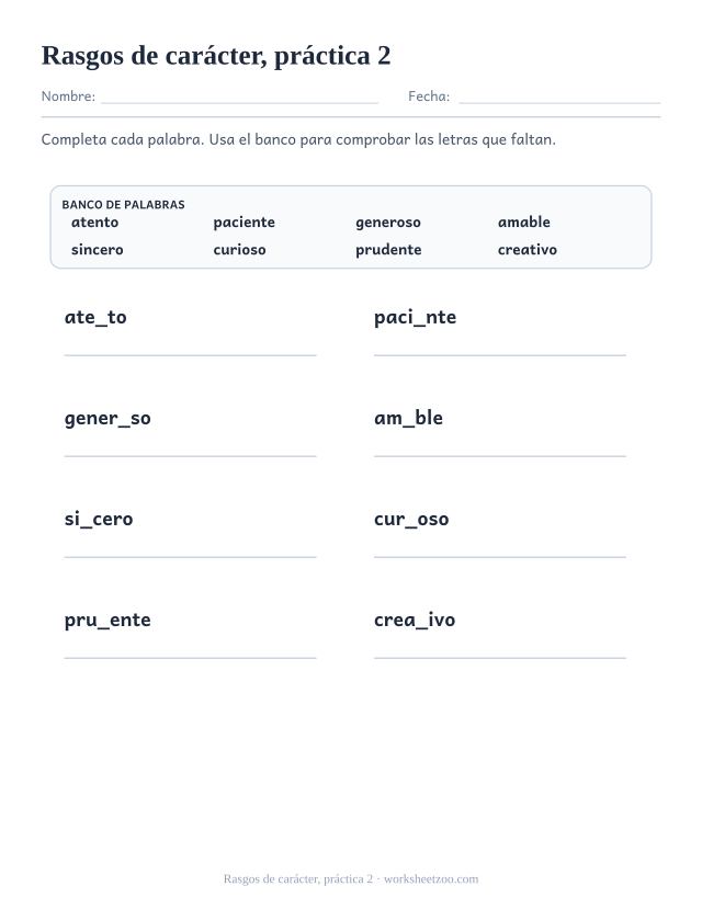 Fichas de vocabulario de rasgos de carácter, práctica 2