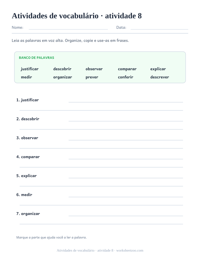 Prévia de Atividades de vocabulário, atividade 8 para imprimir