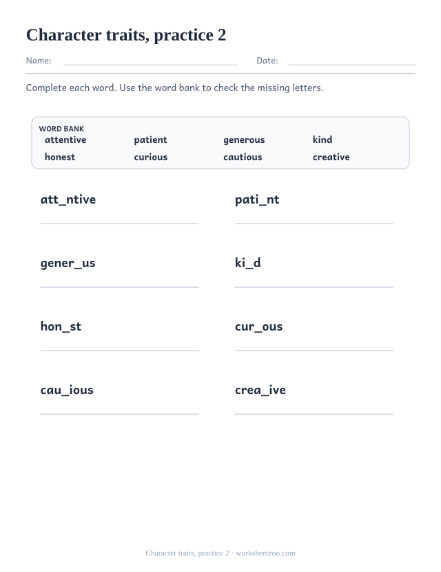 Vocabulary Worksheets page for Character traits, practice 2