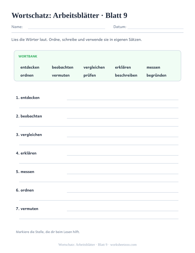 Vorschau: Wortschatz: Arbeitsblätter, druckbares Arbeitsblatt 9