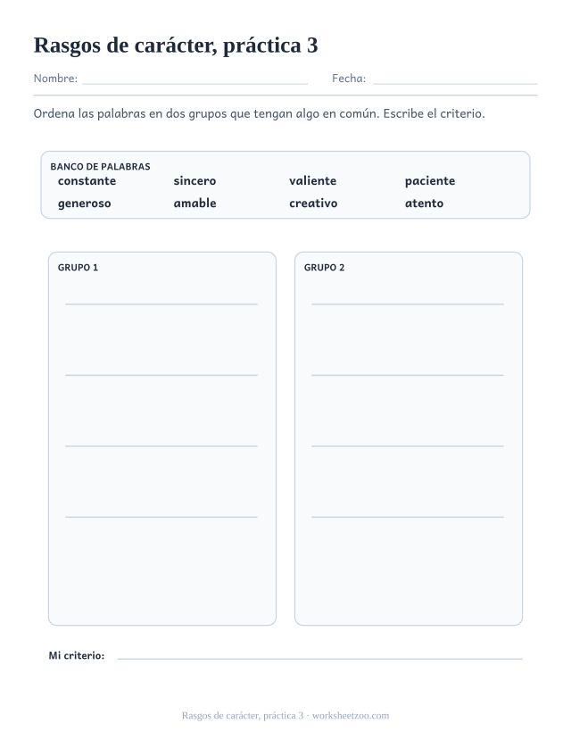 Fichas de vocabulario de rasgos de carácter, práctica 3