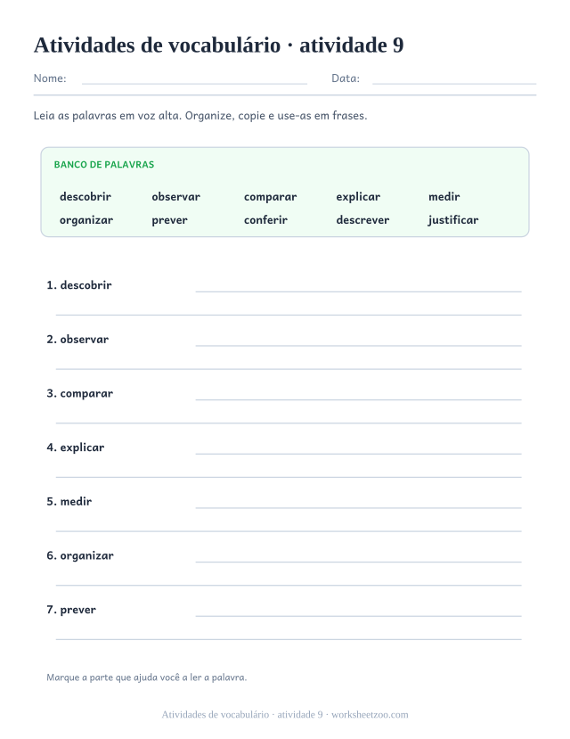Prévia de Atividades de vocabulário, atividade 9 para imprimir