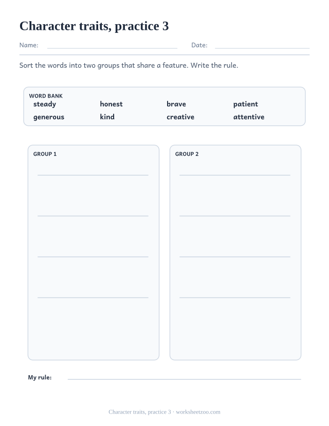 Vocabulary Worksheets page for Character traits, practice 3