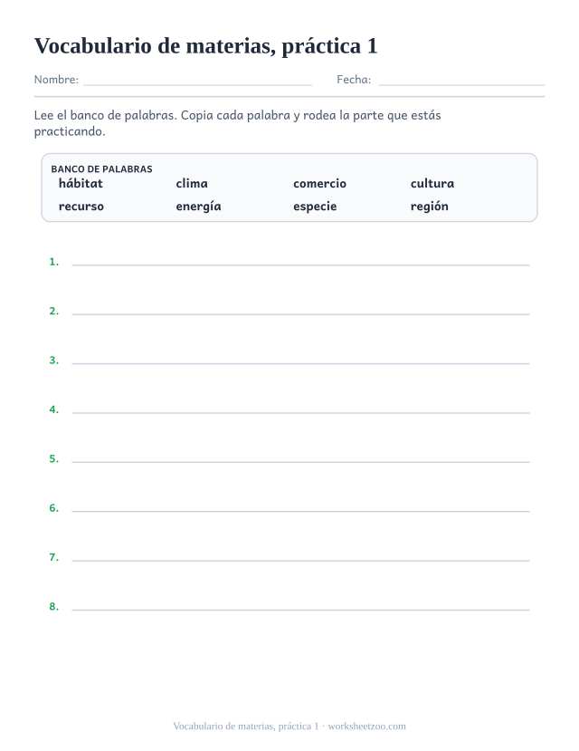 Fichas de vocabulario de vocabulario de materias, práctica 1