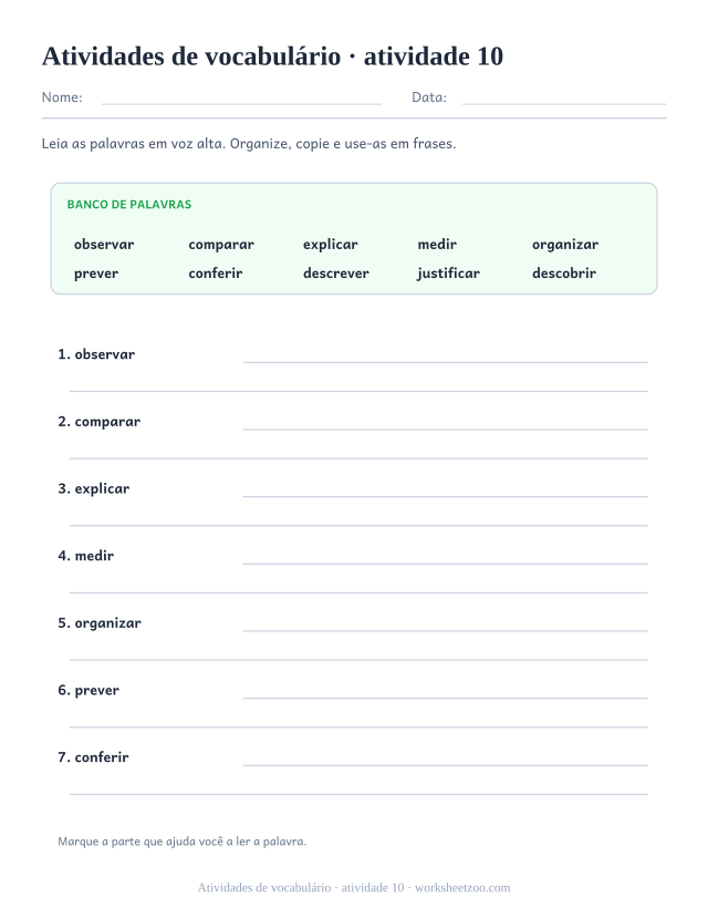 Prévia de Atividades de vocabulário, atividade 10 para imprimir