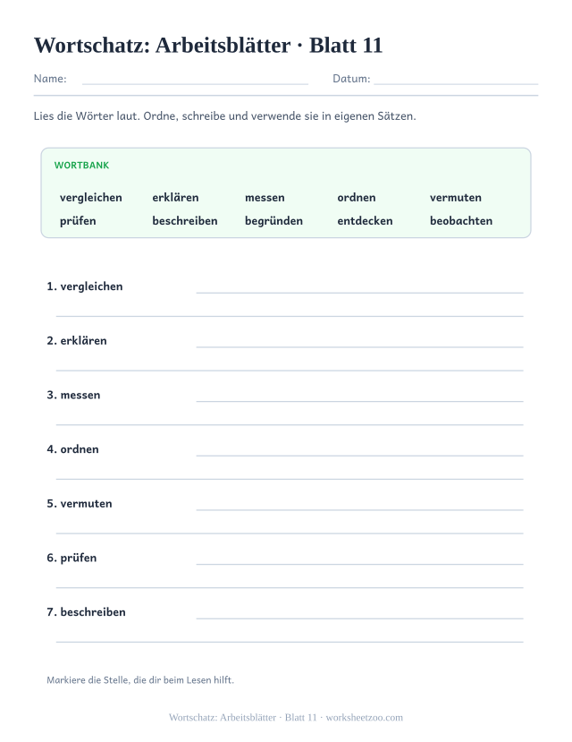 Vorschau: Wortschatz: Arbeitsblätter, druckbares Arbeitsblatt 11