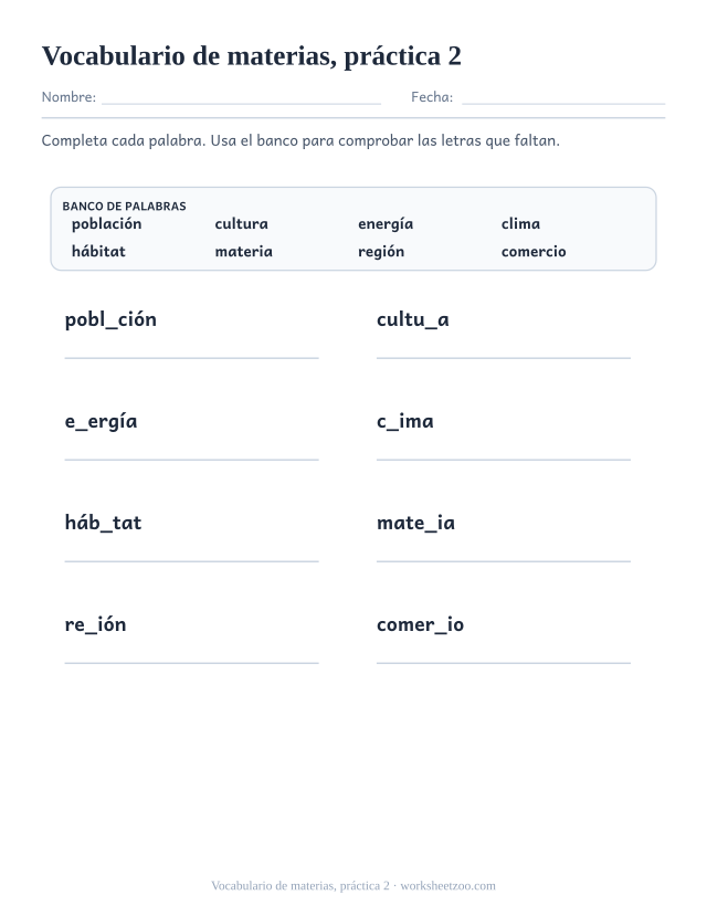Fichas de vocabulario de vocabulario de materias, práctica 2