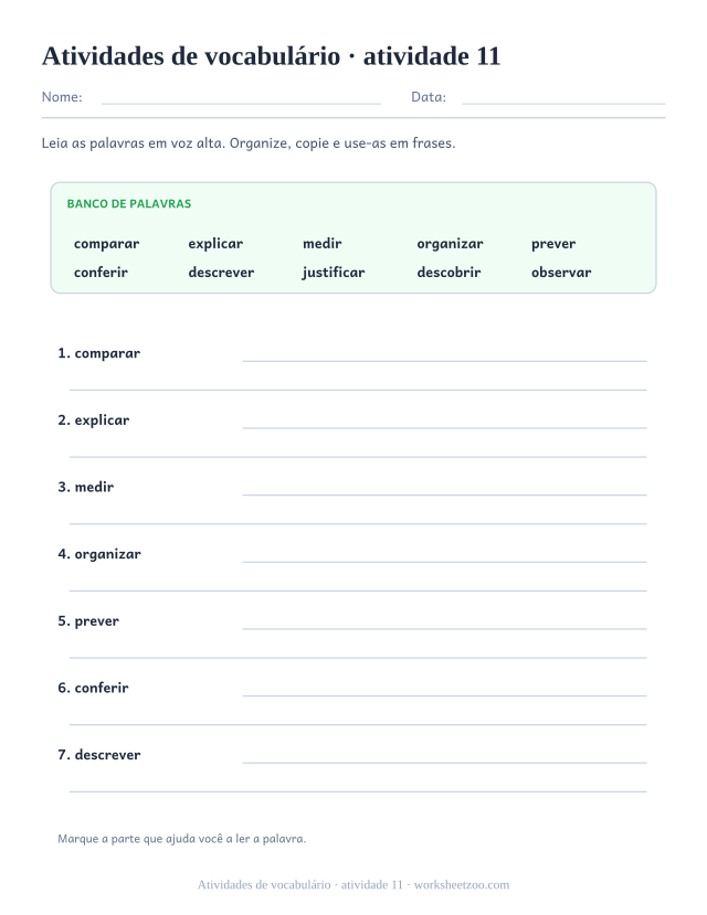 Prévia de Atividades de vocabulário, atividade 11 para imprimir