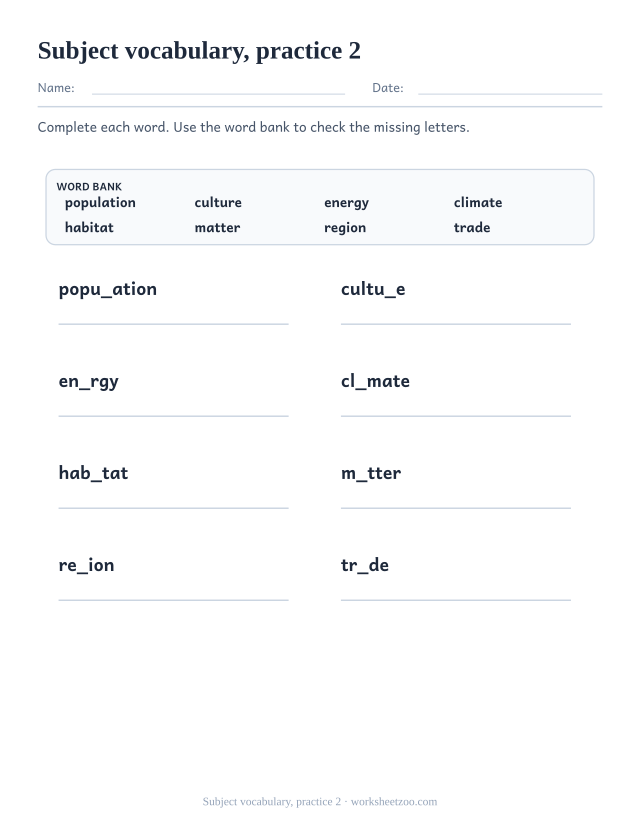 Vocabulary Worksheets page for Subject vocabulary, practice 2