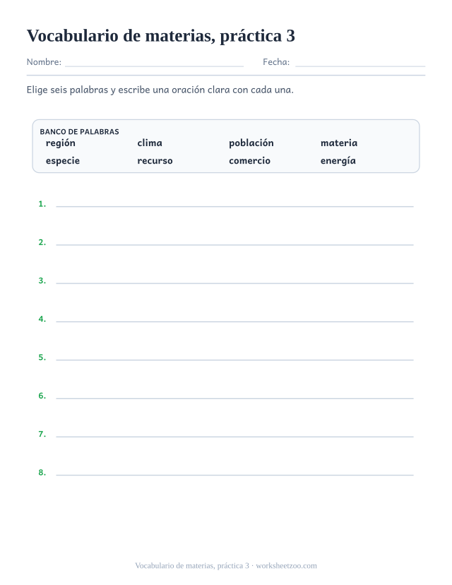 Fichas de vocabulario de vocabulario de materias, práctica 3