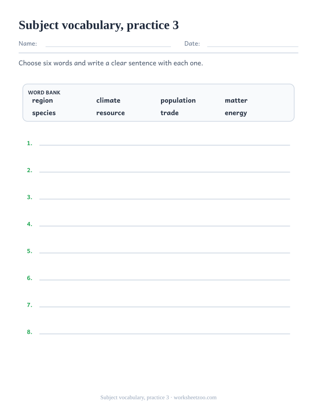 Vocabulary Worksheets page for Subject vocabulary, practice 3