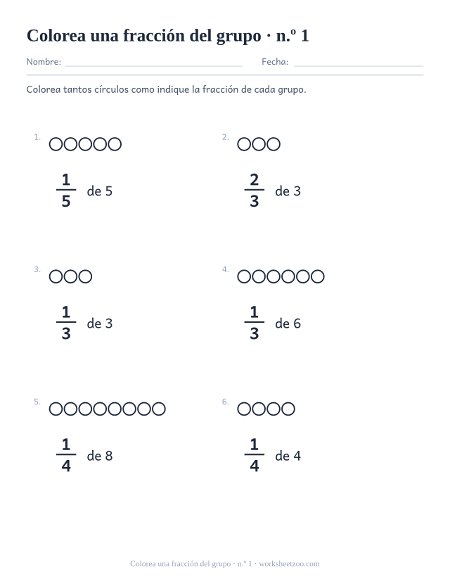 Ficha de fracción de un conjunto con filas de círculos para colorear según la fracción