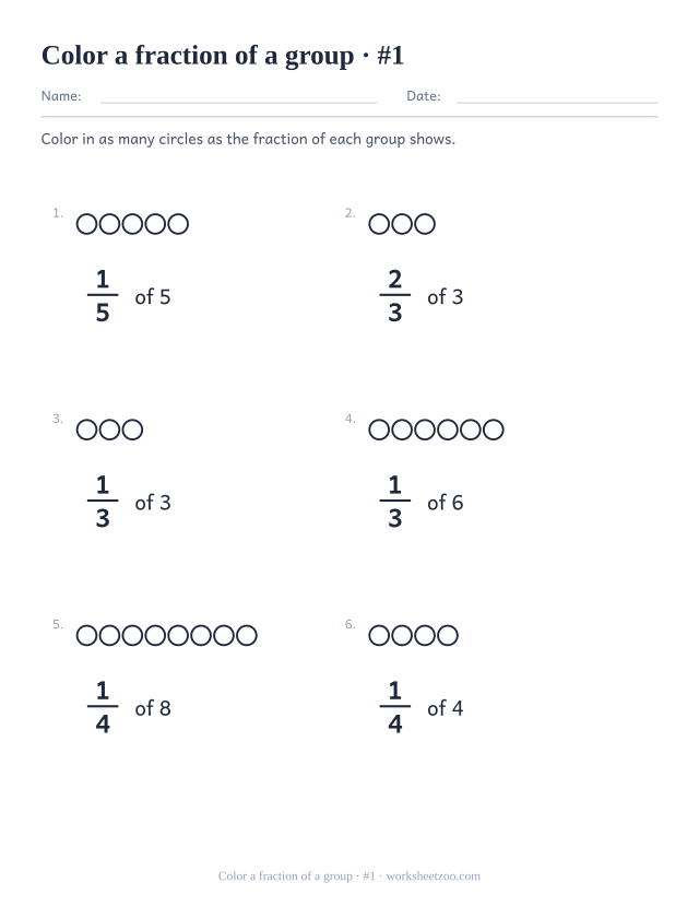 Fraction of a set worksheet with rows of circles to color according to a fraction