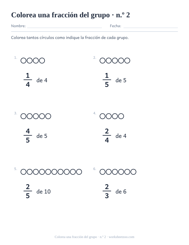 Segunda ficha de fracción de un conjunto con grupos de hasta doce círculos para colorear