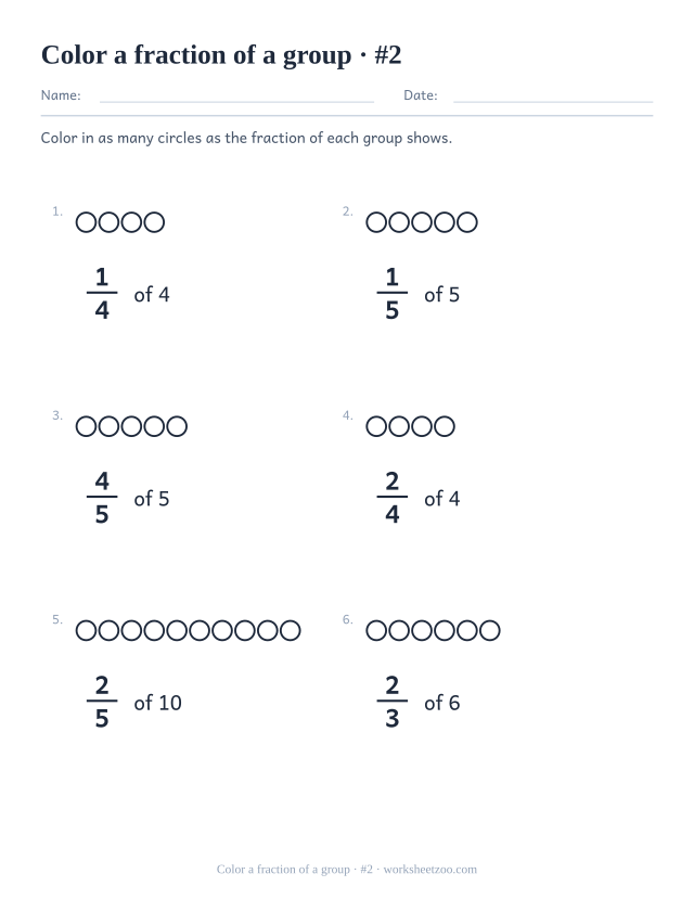 Second fraction of a set worksheet with groups of up to twelve circles to color in