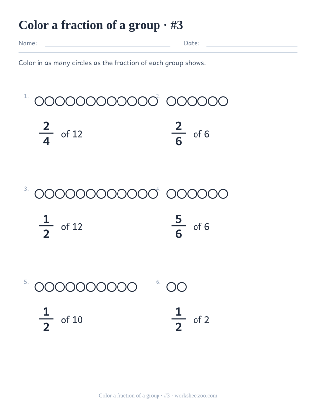 Third fraction of a set worksheet with six groups of circles and a written fraction each