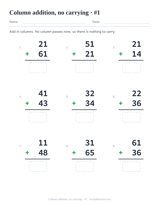Two-digit column addition worksheet with no carrying, nine problems in a printable grid