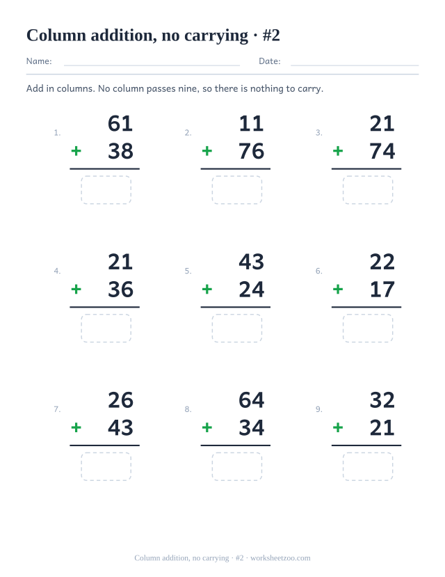 Second two-digit column addition worksheet without carrying, for extra practice