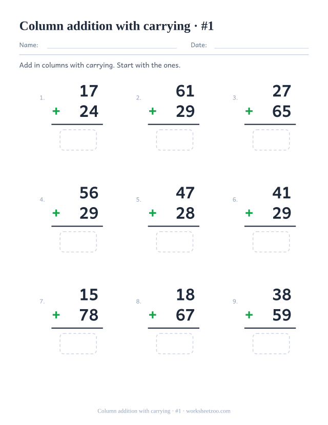 Two-digit column addition worksheet with carrying, every problem needs a regroup
