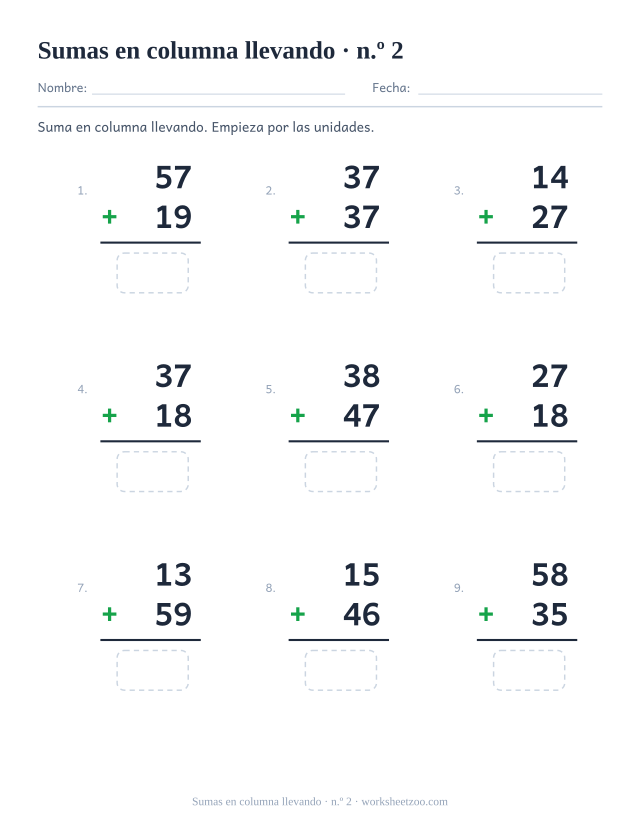Segunda ficha de sumas llevando con números de dos cifras y nueve operaciones con llevada