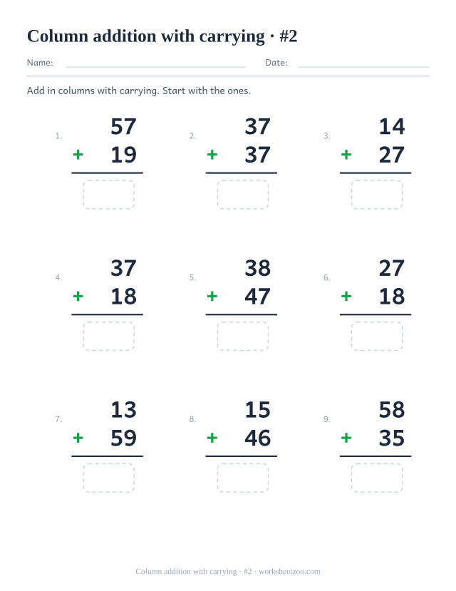 Second carrying addition worksheet with two-digit numbers and nine regrouping problems