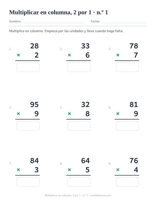 Ficha de multiplicación en columna de dos cifras por una, con sitio para llevar