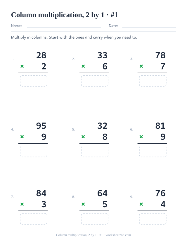 Column multiplication worksheet with two-digit numbers times one digit and room to carry