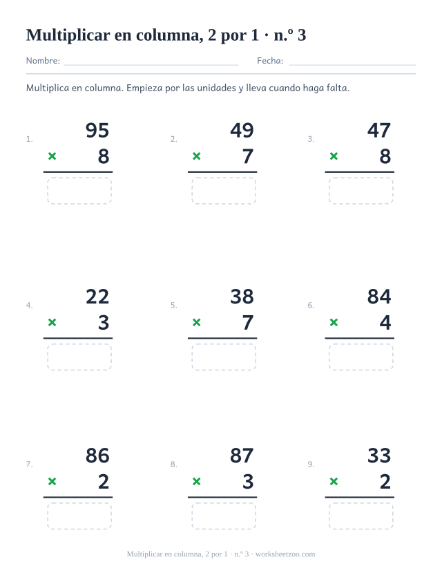 Tercera ficha de multiplicación en columna con números de dos cifras y multiplicador de una