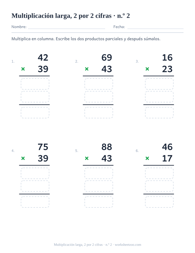 Segunda ficha de multiplicación larga con multiplicador de dos cifras y productos parciales