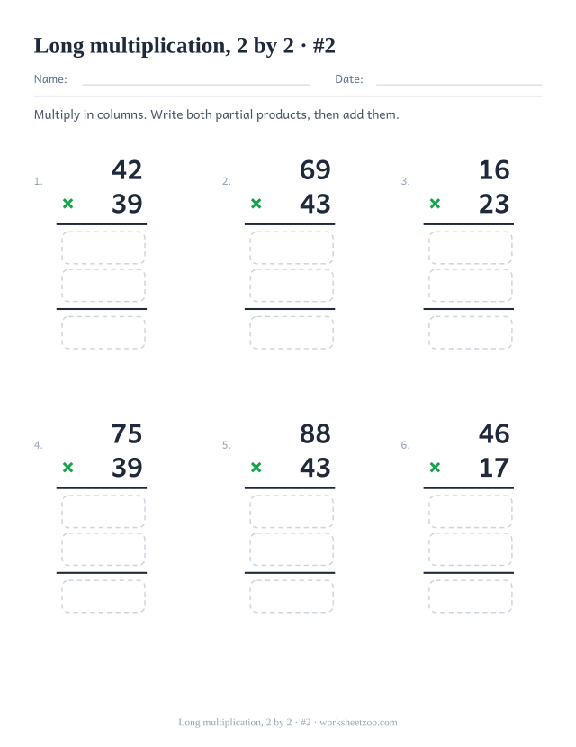 Second long multiplication worksheet with two-digit multipliers and partial products