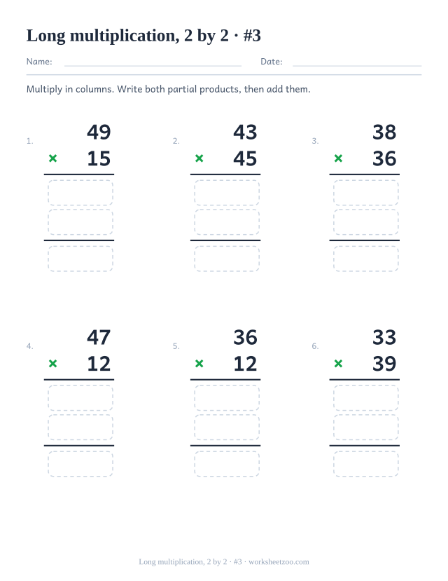Third long multiplication worksheet for two-digit by two-digit written practice