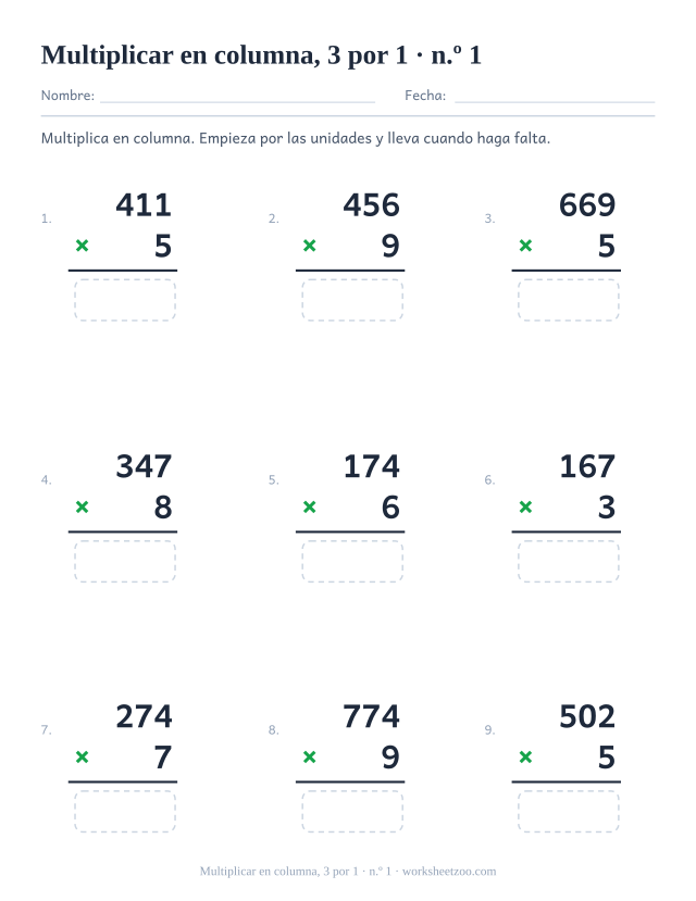 Ficha de multiplicación en columna de tres cifras por una