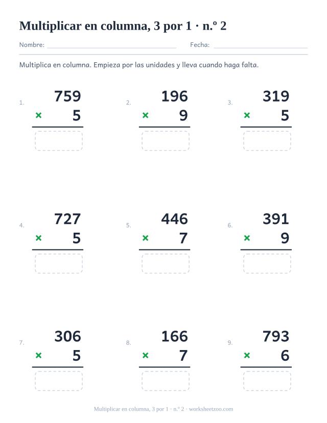 Segunda ficha de multiplicación de tres cifras por una en columna