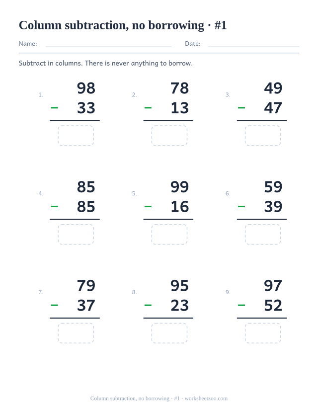 Two-digit column subtraction worksheet with no borrowing, nine problems on one page