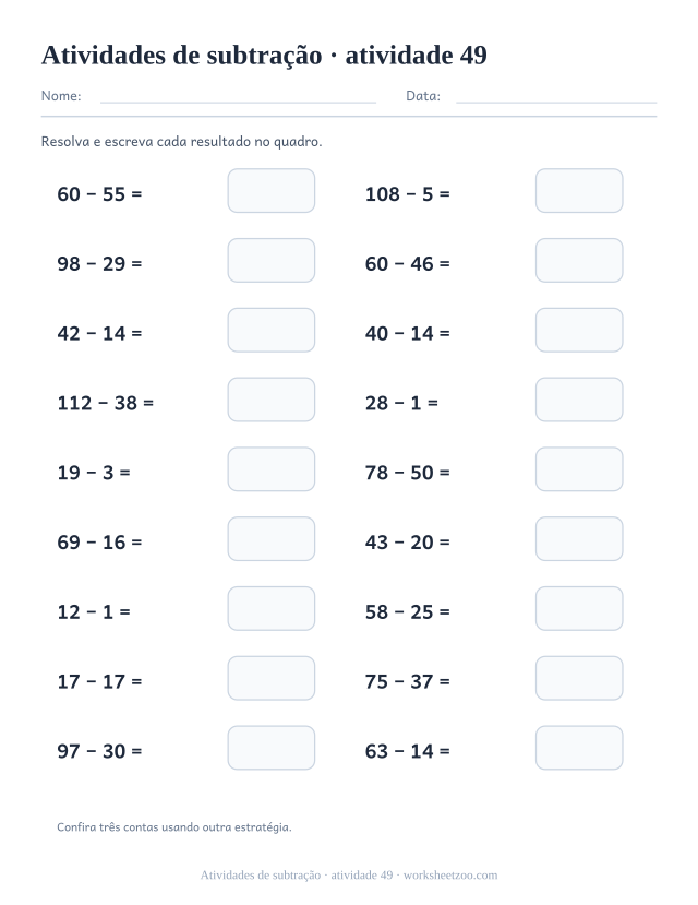Prévia de Atividades de subtração, atividade 49 para imprimir