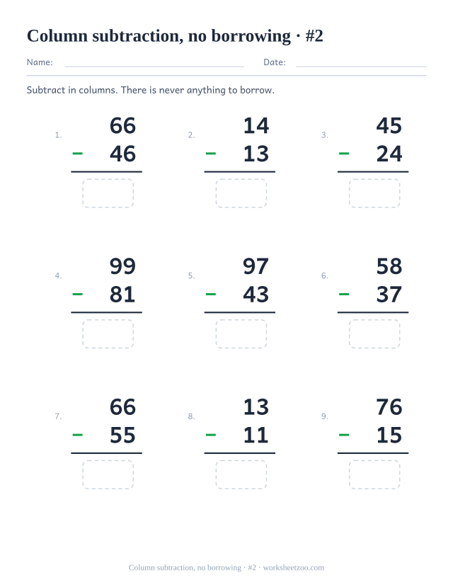 Second two-digit subtraction worksheet without borrowing for extra practice