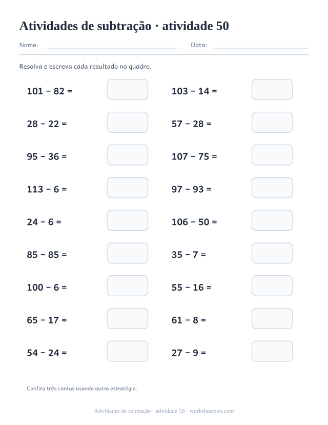 Prévia de Atividades de subtração, atividade 50 para imprimir