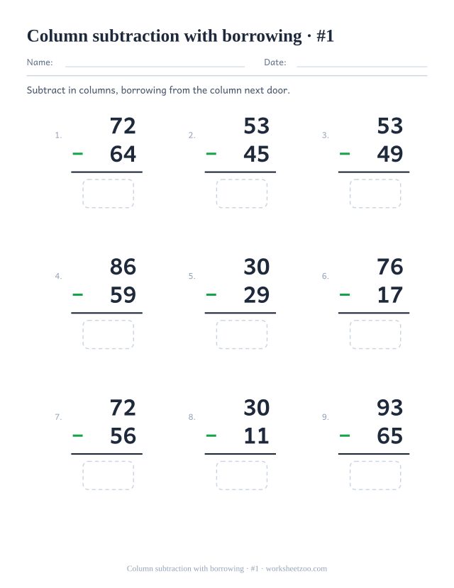Two-digit subtraction worksheet with borrowing, every problem needs regrouping