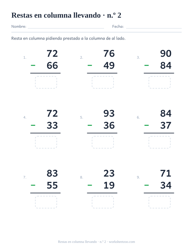 Segunda ficha de restas llevando con nueve operaciones de dos cifras