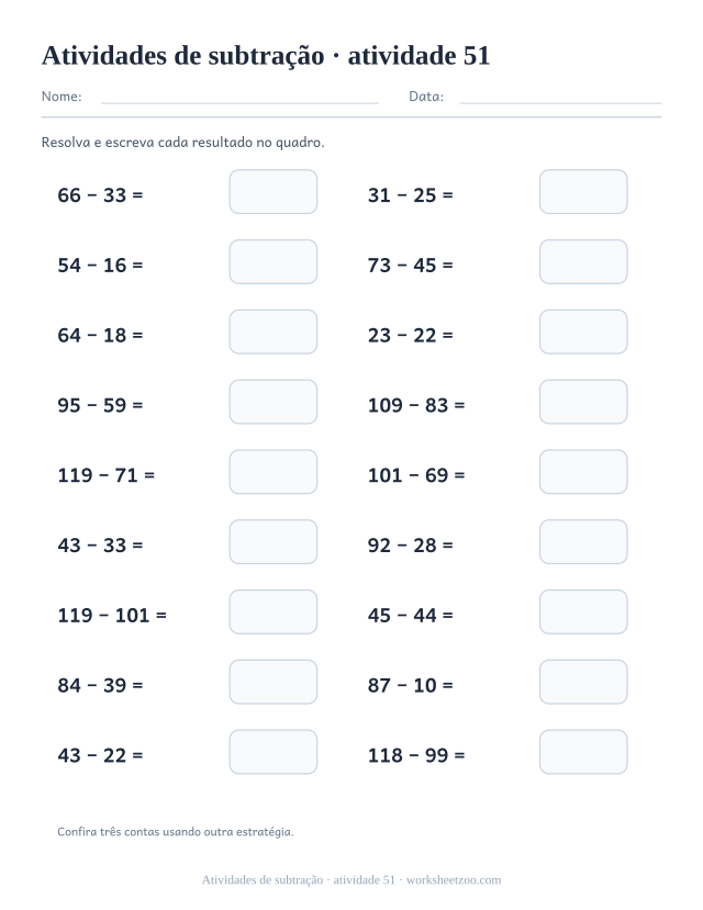 Prévia de Atividades de subtração, atividade 51 para imprimir