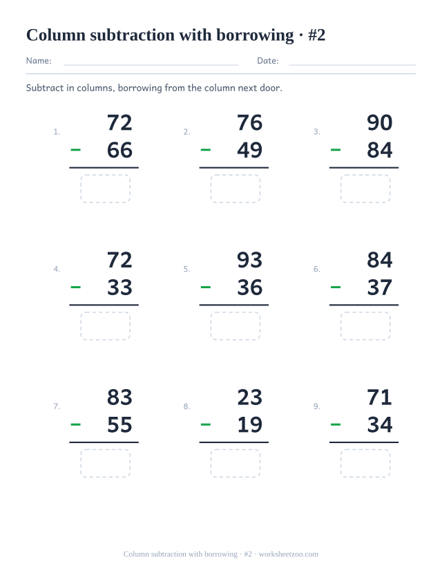 Second borrowing subtraction worksheet with nine two-digit regrouping problems