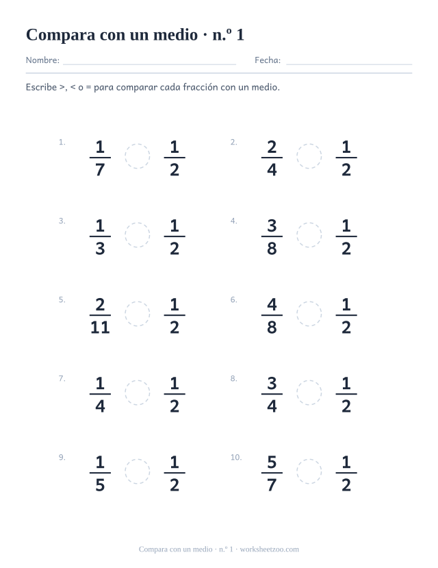 Ficha para comparar diez fracciones con un medio