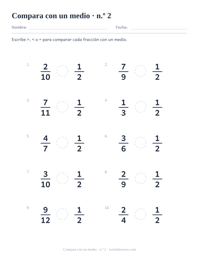 Segunda ficha de comparación con un medio usando mayor que y menor que