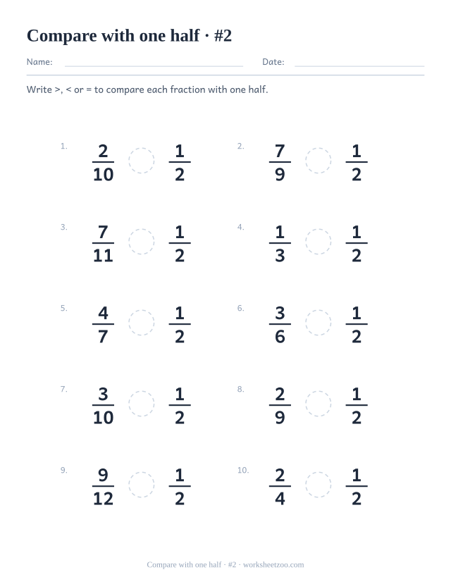 Second benchmark fraction worksheet comparing fractions with a half using greater than and less than