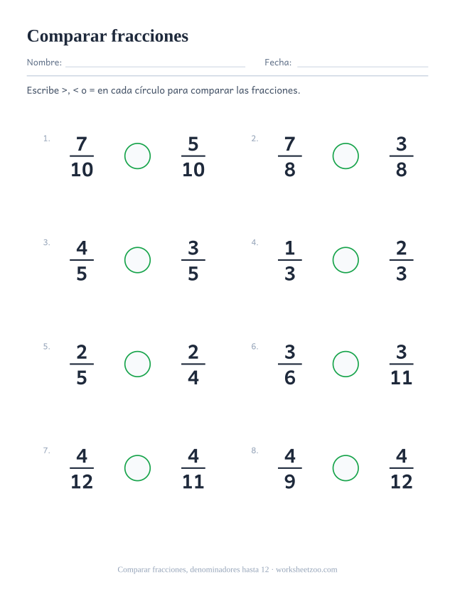 Ficha para comparar fracciones, 8 parejas con denominadores hasta 12 con mayor que, menor que o igual