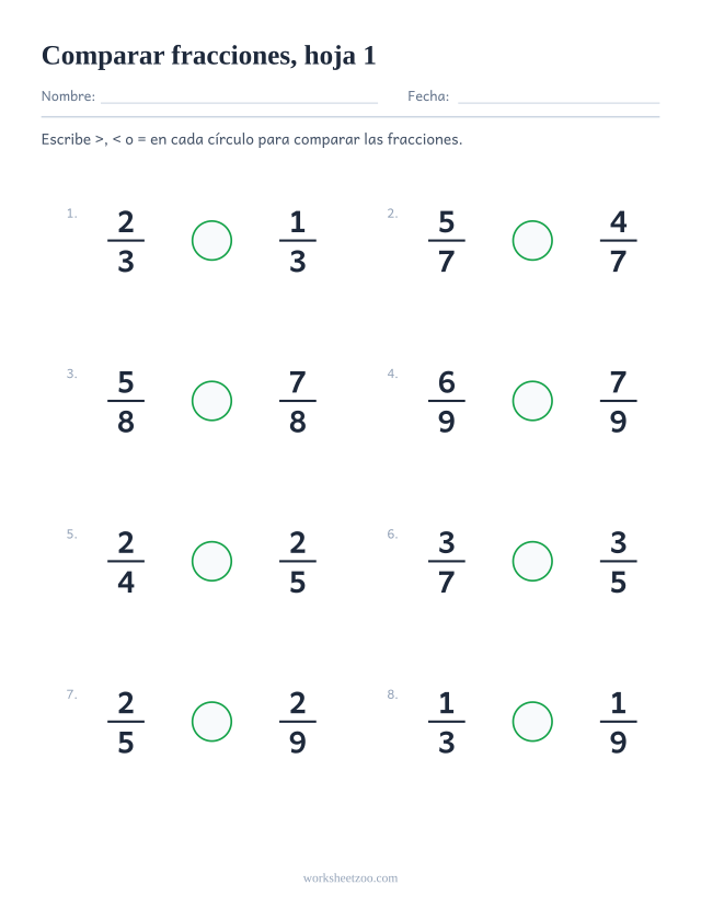 Ficha para comparar fracciones, 8 parejas para comparar con mayor que, menor que o igual, hoja 1