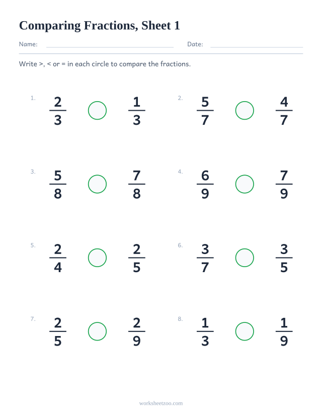 Comparing fractions worksheet, 8 pairs to compare with greater than, less than or equal, sheet 1
