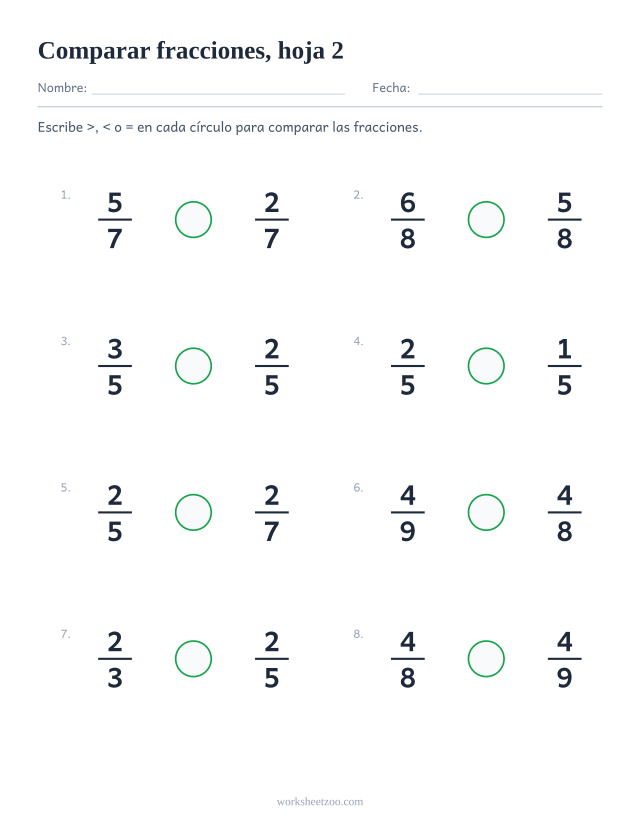 Ficha para comparar fracciones, 8 parejas para comparar con mayor que, menor que o igual, hoja 2